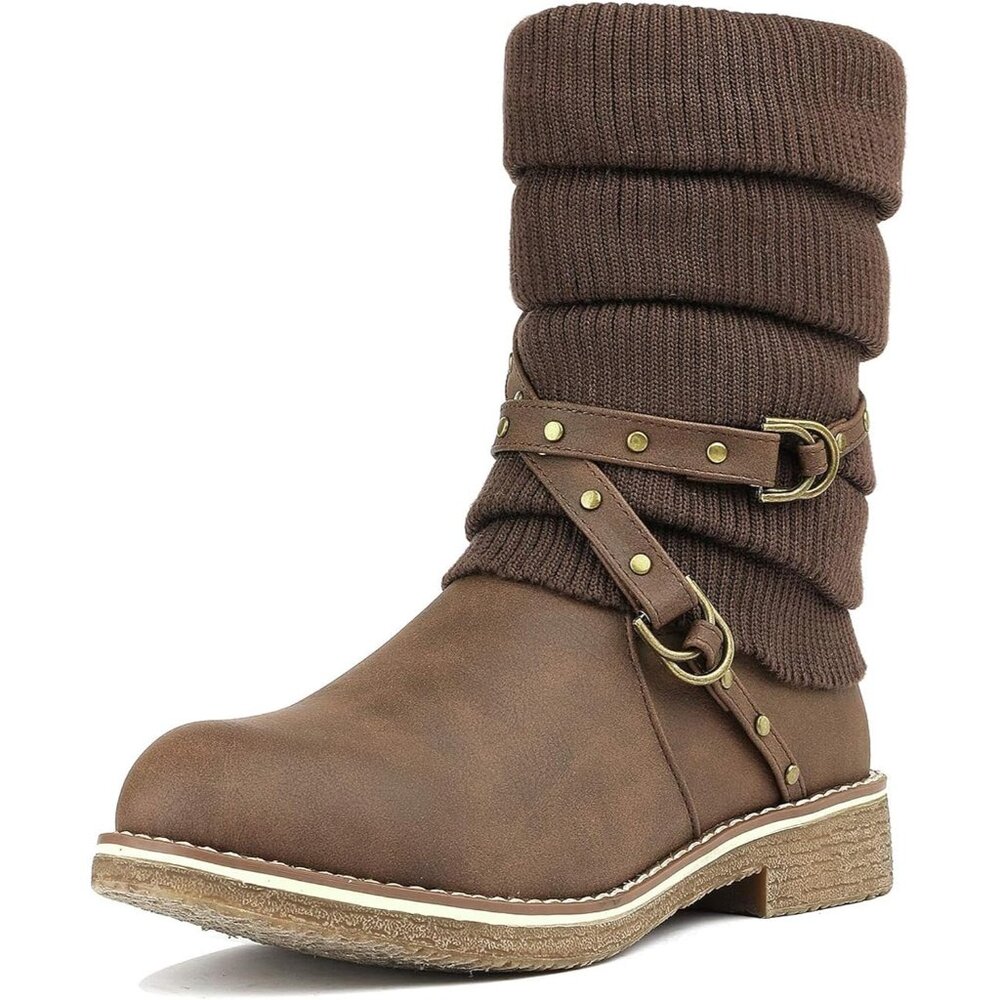 Women's Mid Calf Faux Fur Fashion Brown Winter Snow Boots Synthetic Rubber Sole